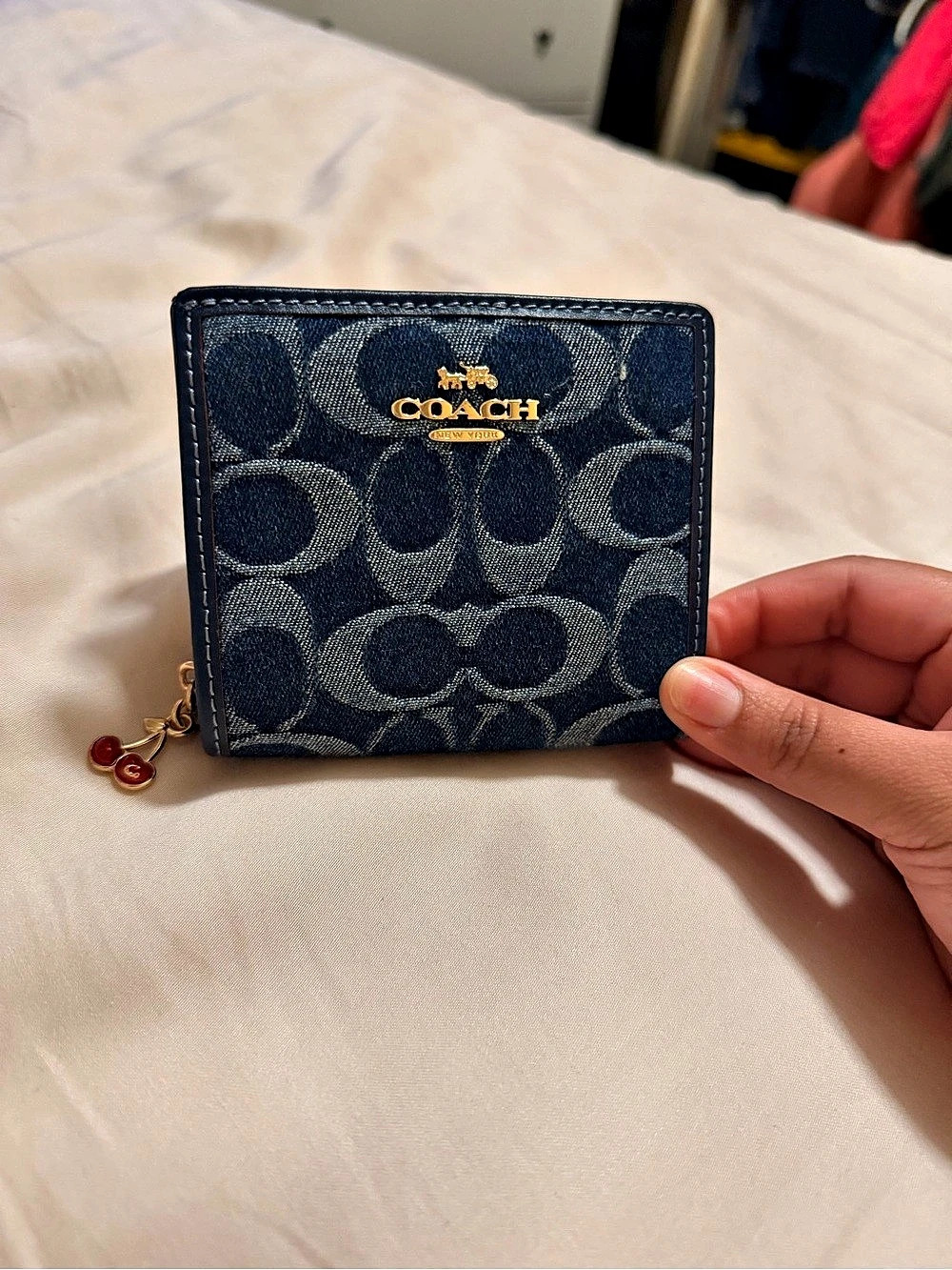 Coach Snap Wallet In Denim With cherry charm